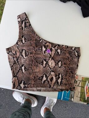Brown Snake Print One-Shoulder crop top- cotton - small/medium